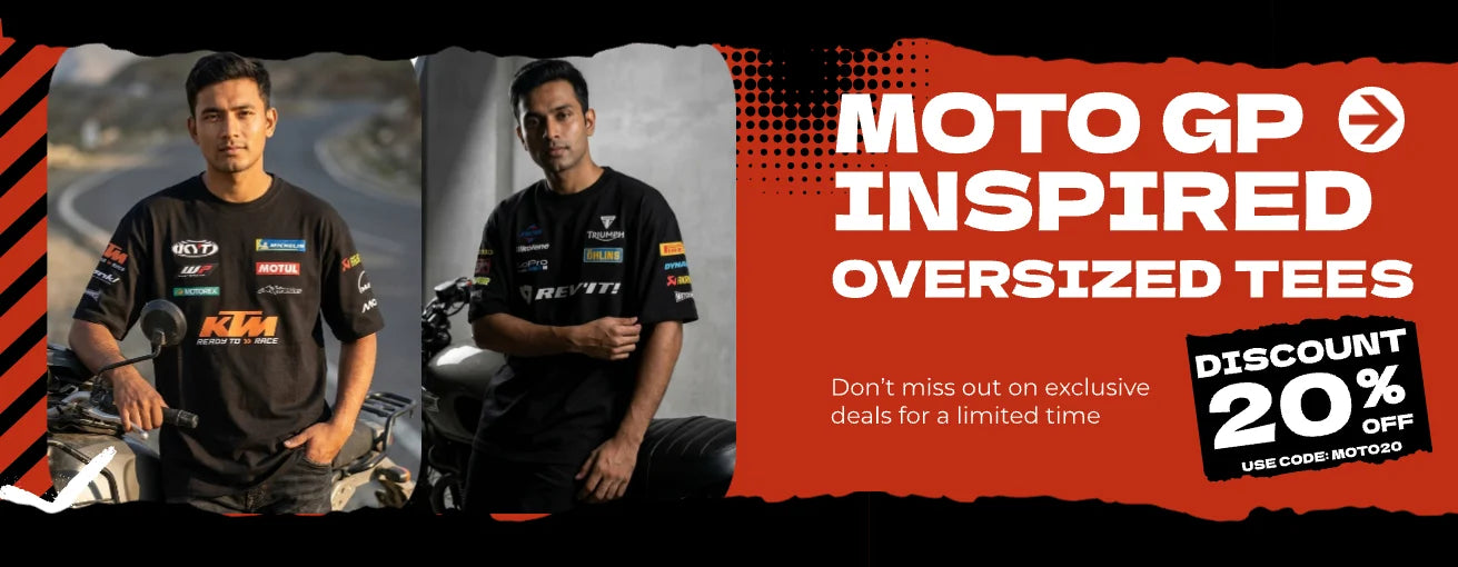 MotoGP-inspired oversized t-shirts at Motohomies with KTM and Triumph racing team designs covered in motorsport sponsor logos. 20% off with code MOTO20.