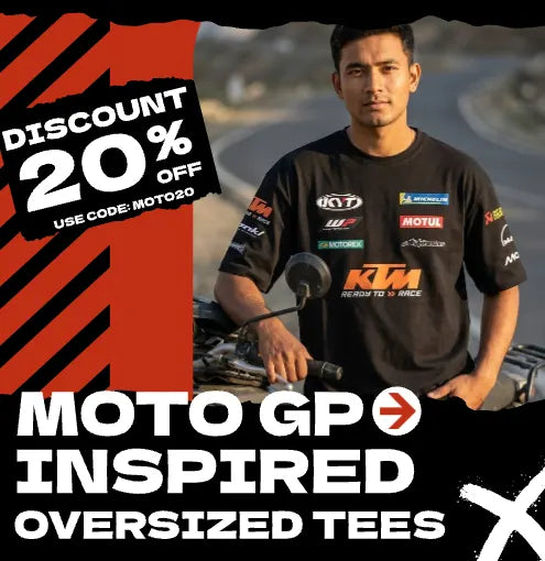 MotoGP-inspired oversized t-shirts at Motohomies with KTM and Triumph racing team designs covered in motorsport sponsor logos. 20% off with code MOTO20