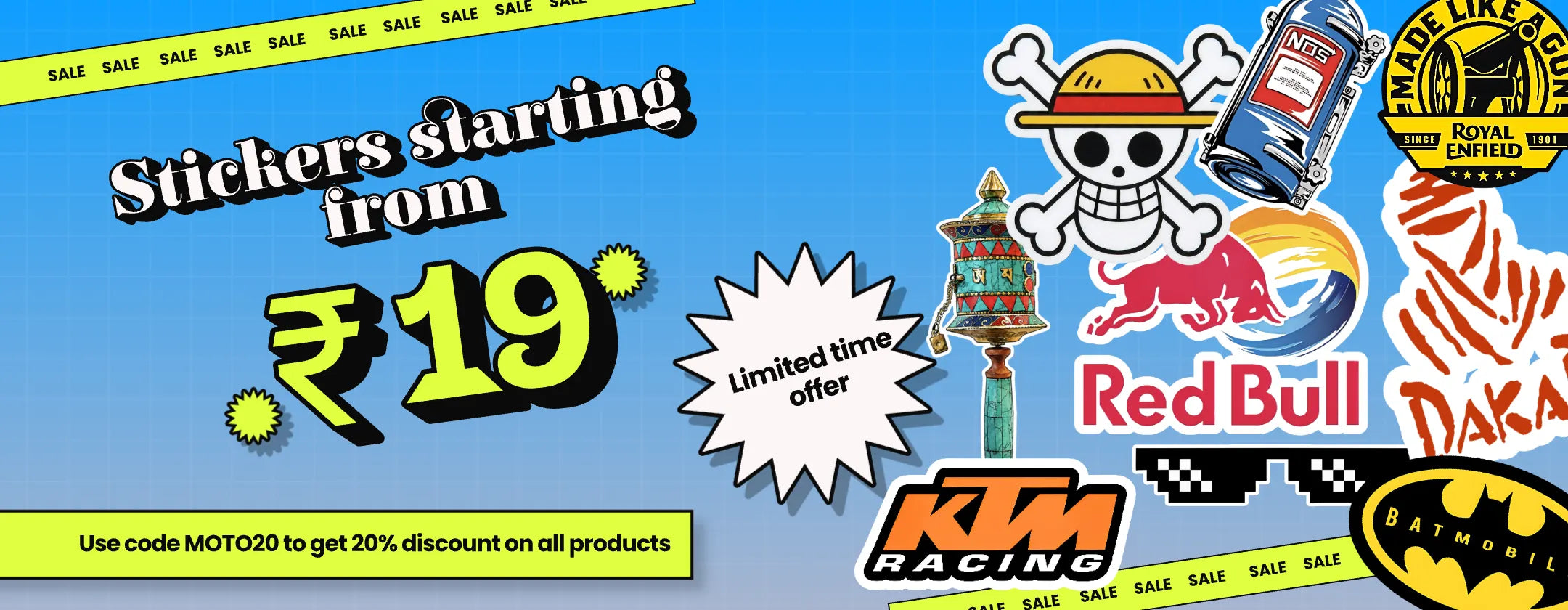Stickers from ₹19 at Motohomies — Royal Enfield, KTM Racing, Red Bull, Batmobile, NOS bottle and Mani prayer wheel designs shown. Use code MOTO20 for 20% off.