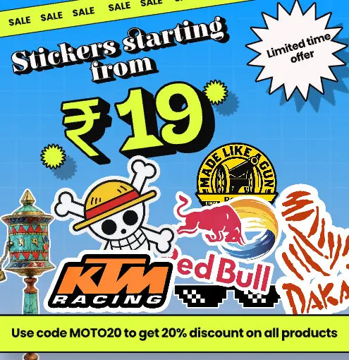 Stickers from ₹19 at Motohomies — Royal Enfield, KTM Racing, Red Bull, Batmobile, NOS bottle and Mani prayer wheel designs shown. Use code MOTO20 for 20% off.