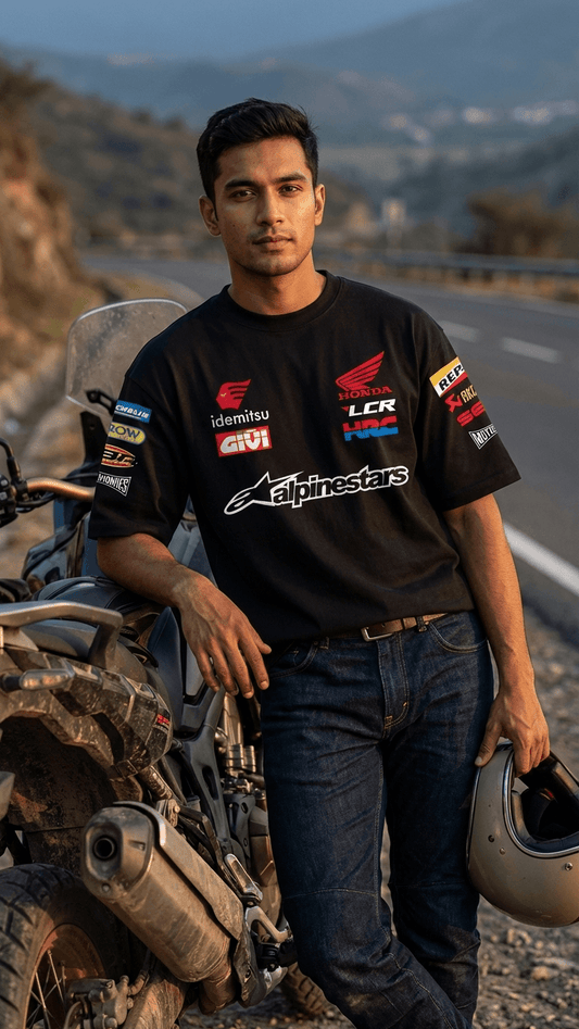 model wearing Honda MotoGP oversized t shirt relaxed fit streetwear biker outfit