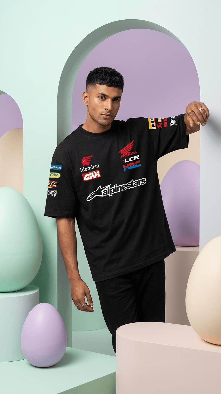 Honda MotoGP oversized t shirt outfit styling streetwear biker fashion India