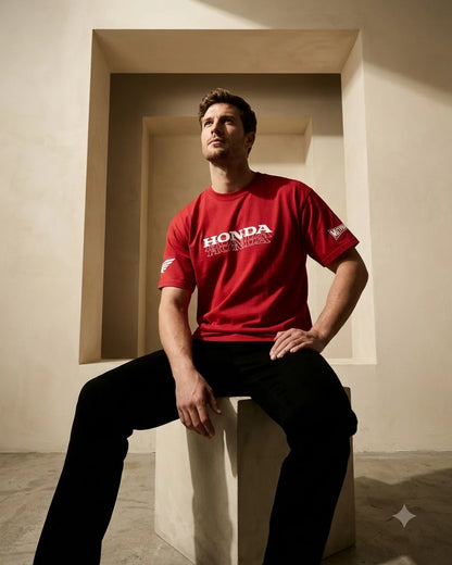 Honda red T-shirt worn by a model