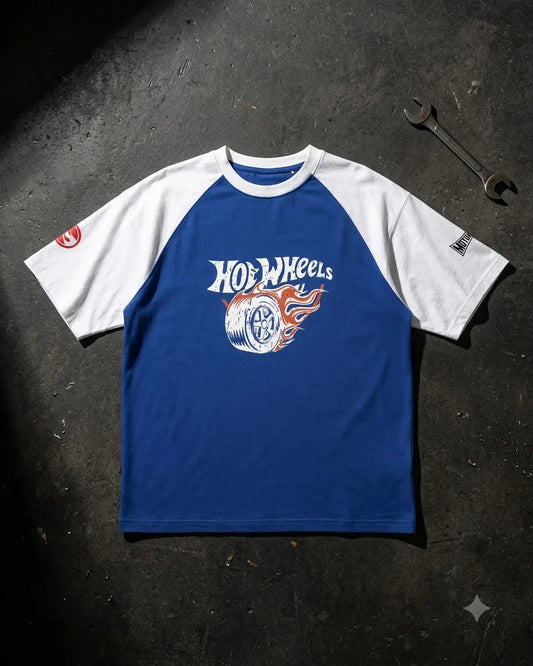 Hot Wheels blue raglan T-shirt with flame wheel graphic