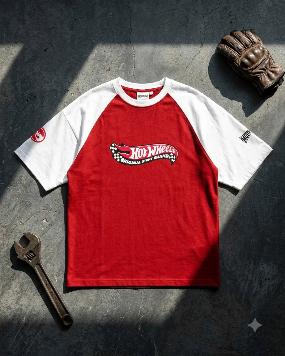 Hot Wheels red raglan T-shirt with Original Stunt Brand graphic