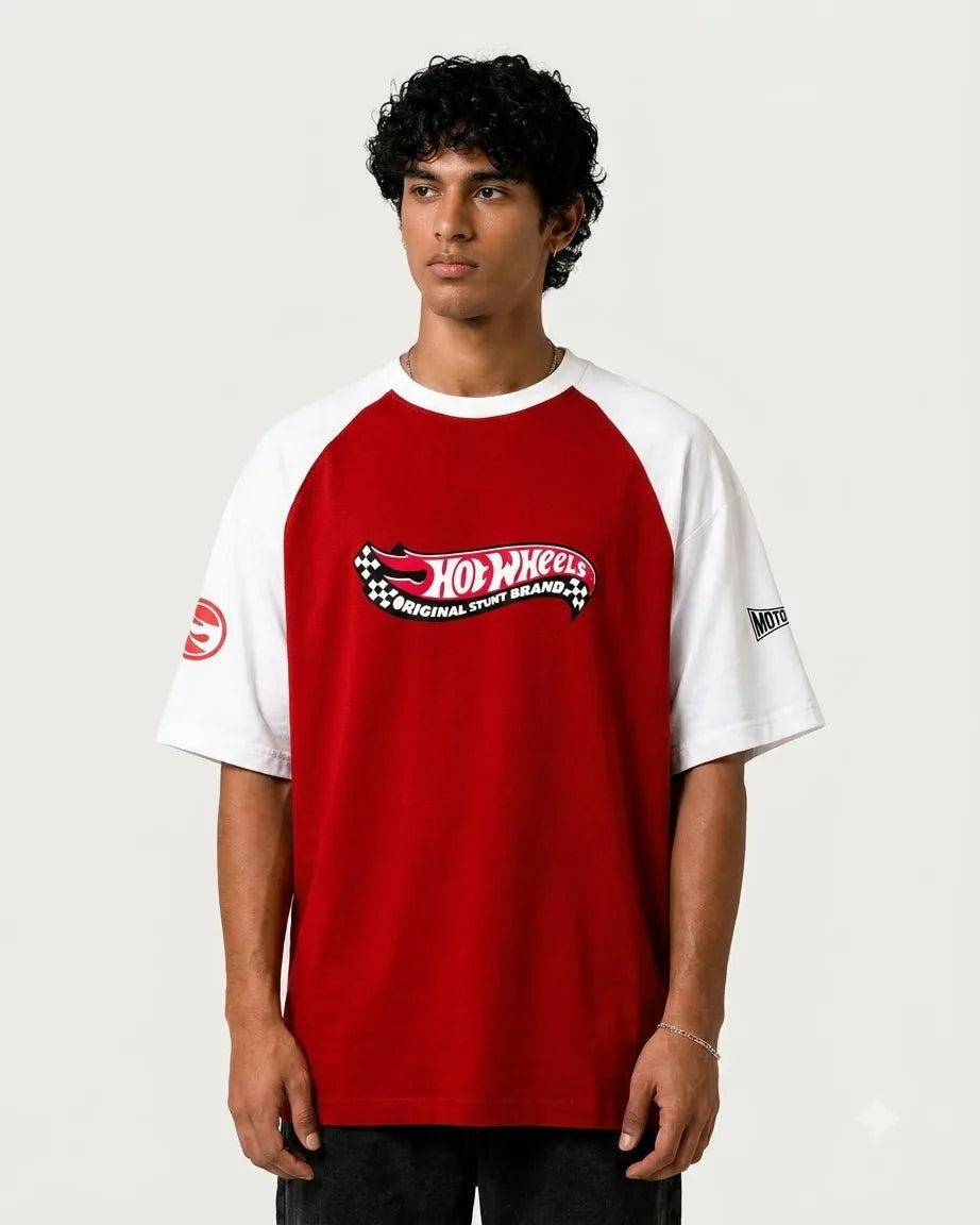 Hot Wheels red raglan T-shirt with Original Stunt Brand graphic
