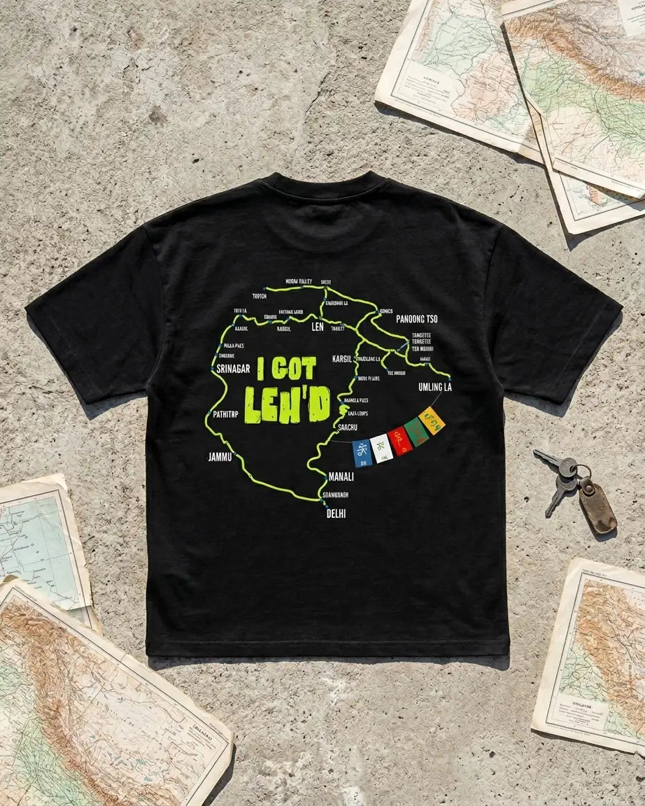 I Got Leh'd oversized t-shirt black flat lay back print Leh Ladakh route map in neon green