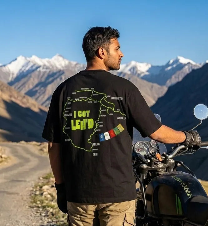 I Got Leh'd oversized t-shirt back print on rider in Himalayan mountains