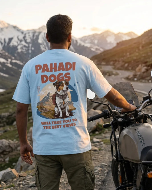 Pahadi Dogs blue oversized t-shirt worn by rider at mountain pass with motorcycle