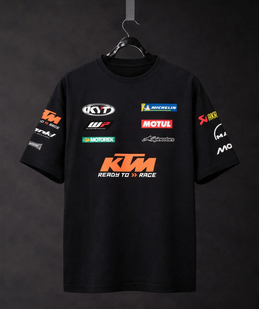KTM oversized t-shirt front view with racing graphics black biker streetwear