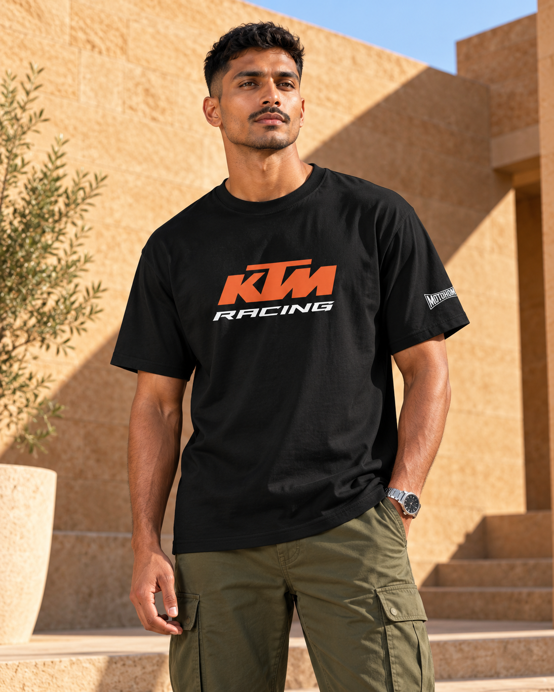 Front view of the black KTM Racing oversized T-shirt with orange logo and white lettering