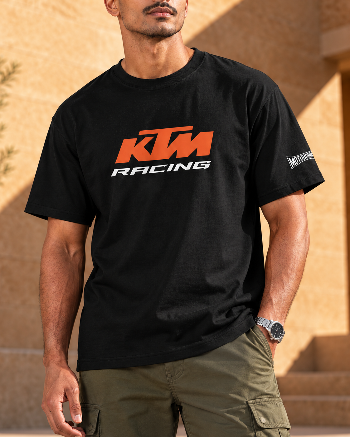 Close-up of the orange KTM Racing chest print and white Motohomies sleeve branding