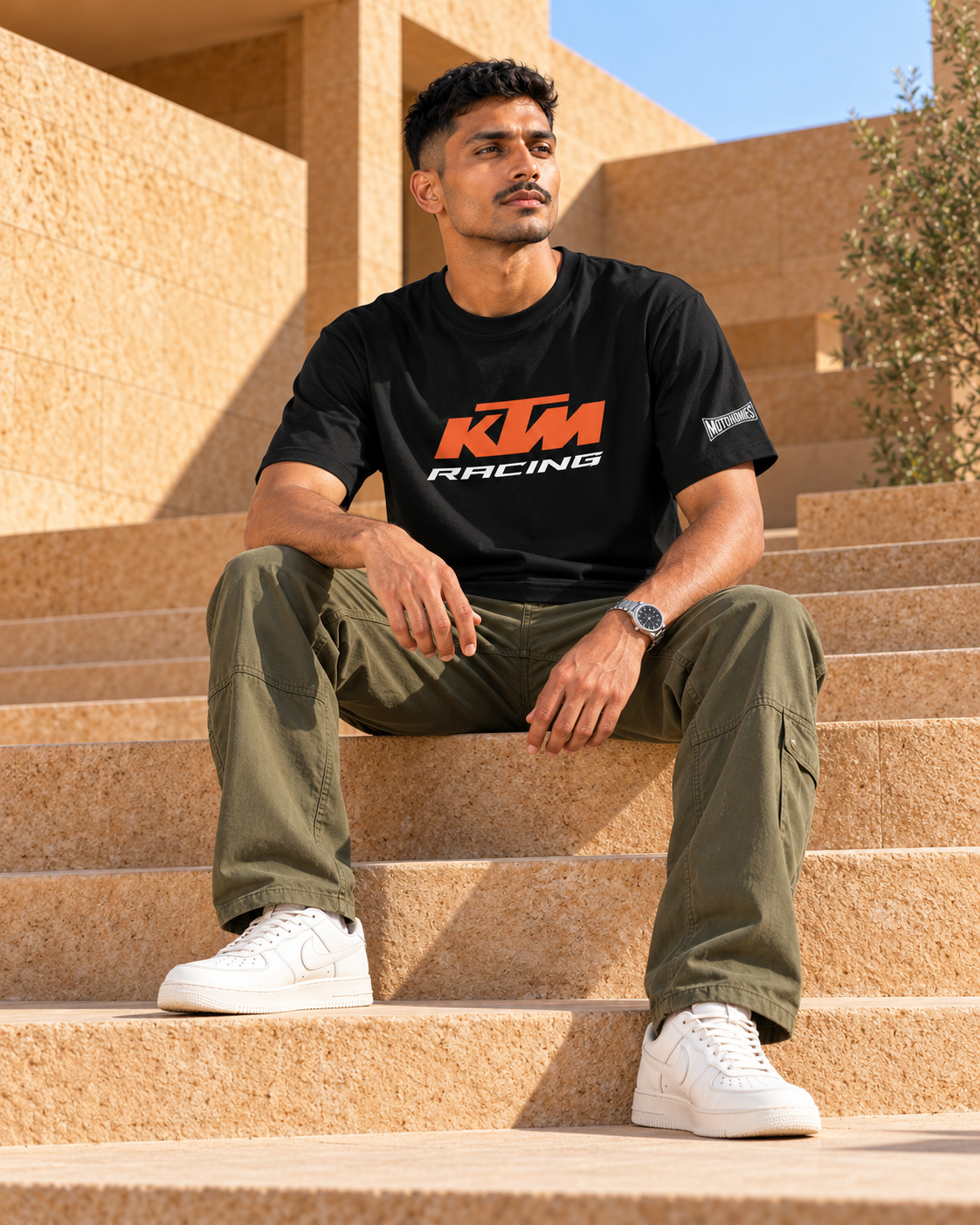 Model wearing the black KTM Racing T-shirt with olive cargos on sandstone steps