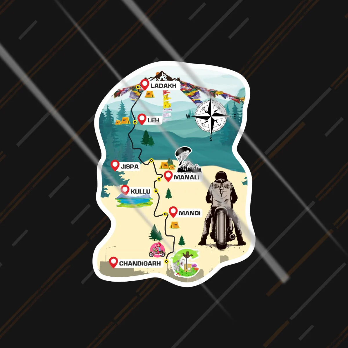Leh Expedition map reflective sticker 3 inch glowing under headlights at night