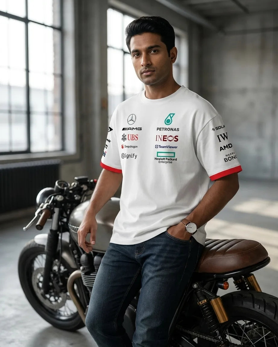 Mercedes AMG Petronas F1 inspired white t-shirt front view