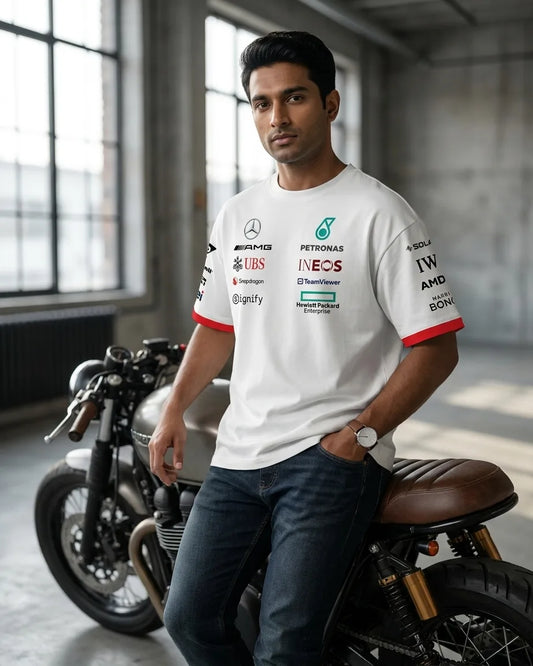 Mercedes AMG Petronas F1 inspired white t-shirt front view