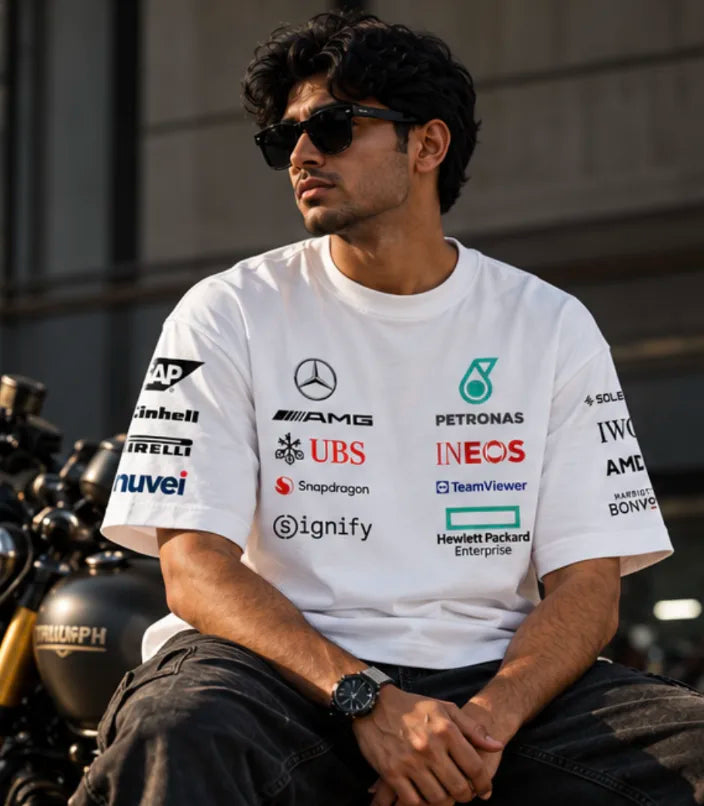 Mercedes AMG Petronas F1 inspired white t-shirt front view
