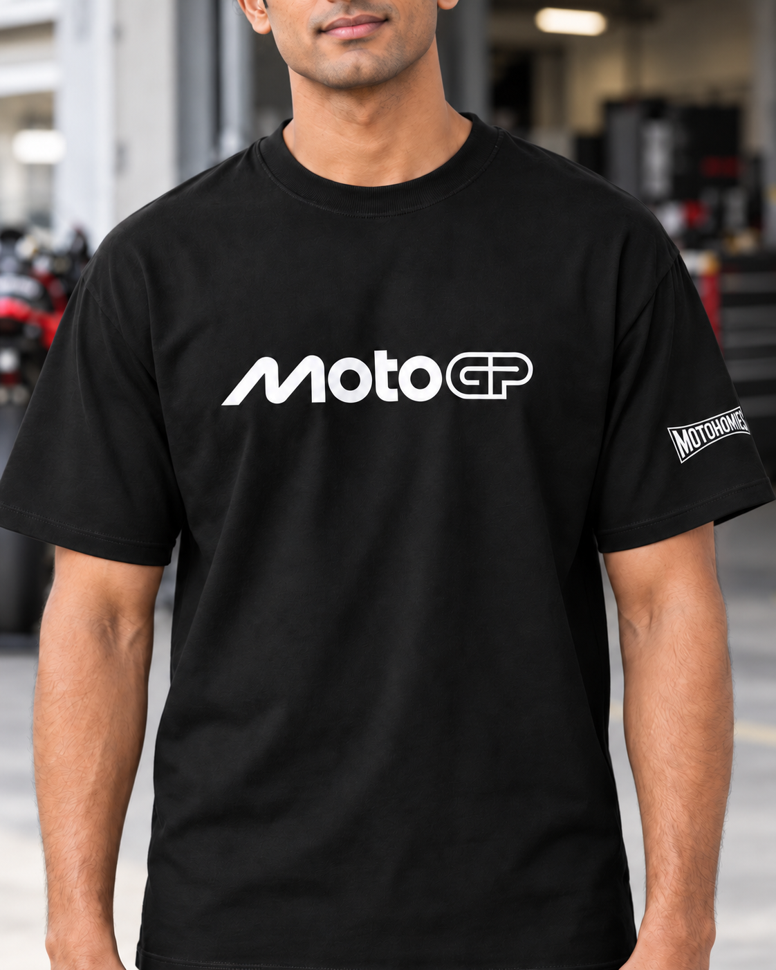 Close-up of the white MotoGP chest print and Motohomies sleeve branding on the black T-shirt