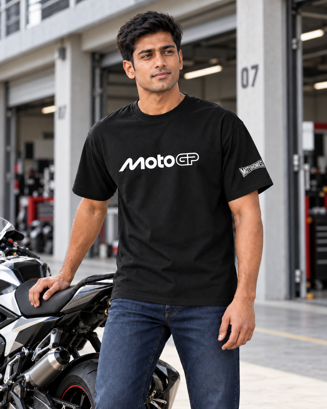 Model wearing the black MotoGP oversized T-shirt beside a sport motorcycle