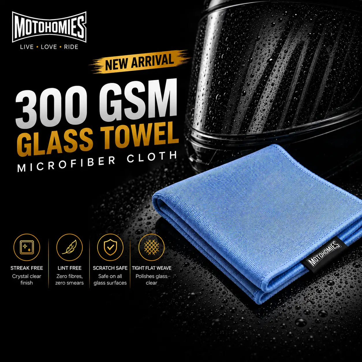 Motohomies 300 GSM blue microfiber glass towel for helmet visor and car windshield – streak-free and lint-free