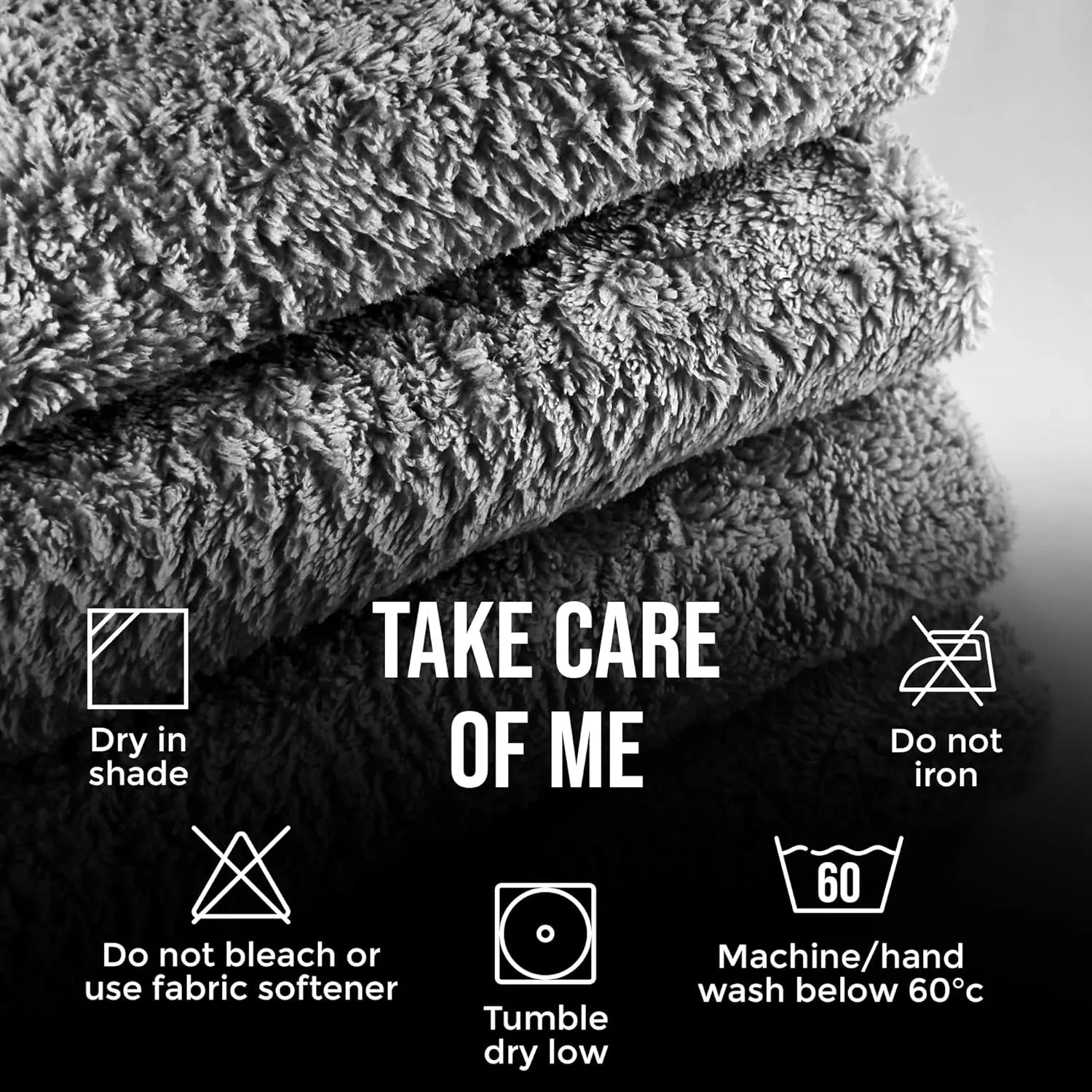 Microfiber cloth care guide – wash below 60°C, no bleach, tumble dry low, do not iron