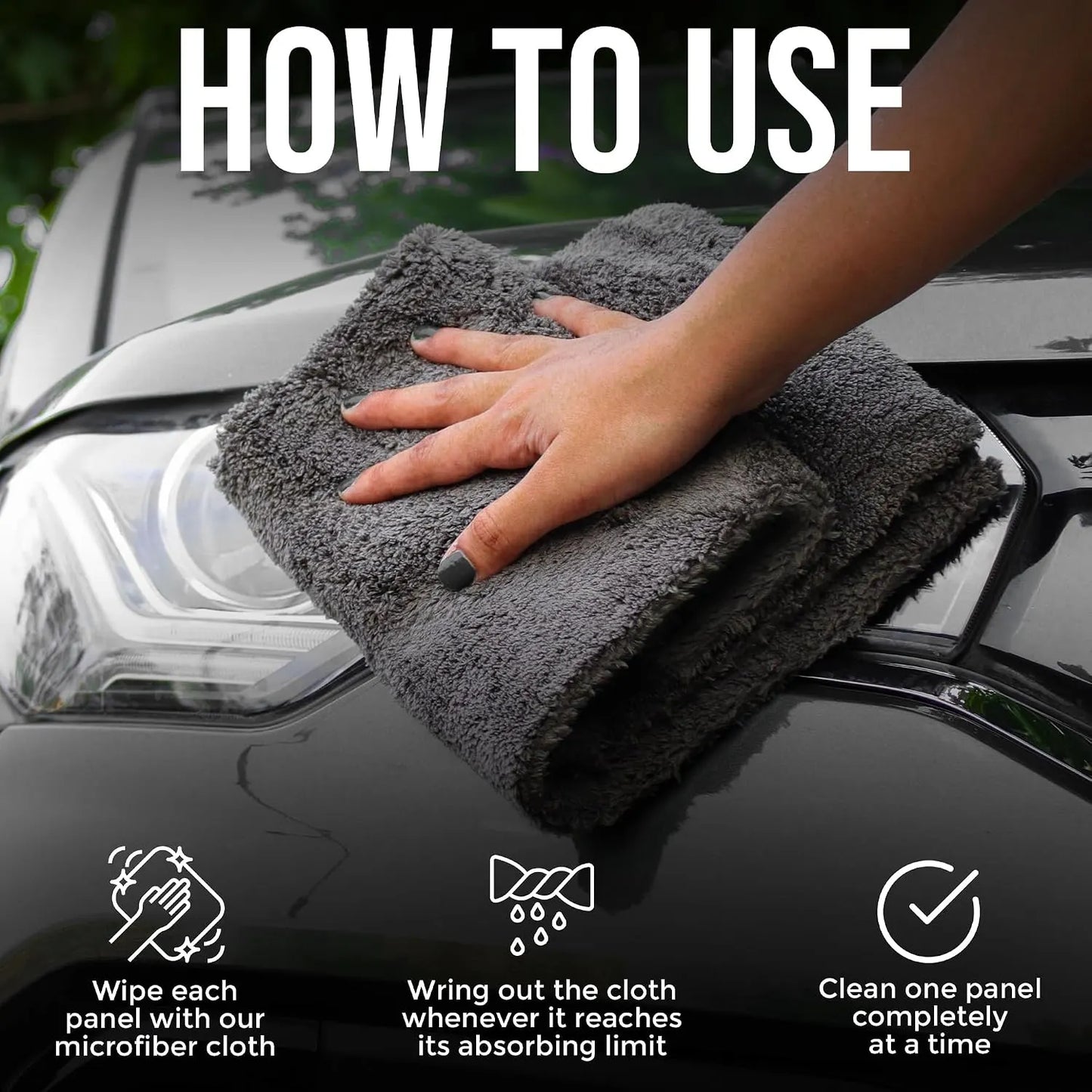 How to use the Motohomies microfiber cloth – wipe each panel, wring out, clean one at a time