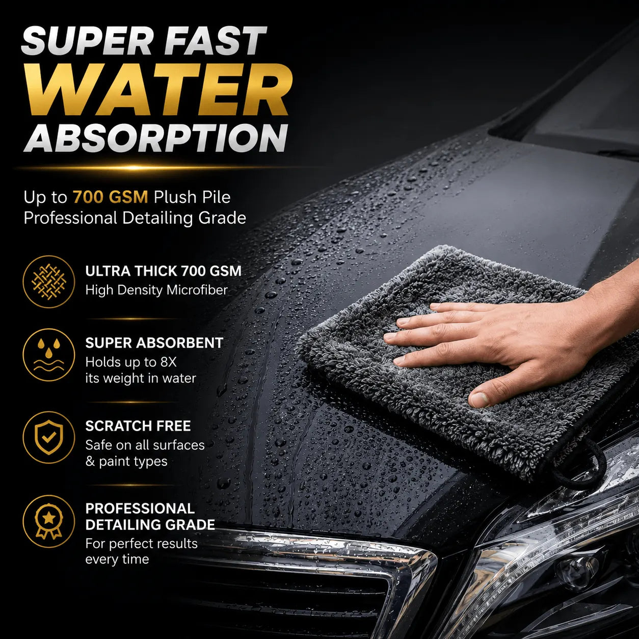 Grey 700 GSM microfiber cloth absorbing water off a car bonnet – Motohomies