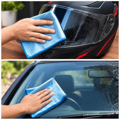 Blue microfiber glass cloth cleaning a motorcycle helmet visor and a car windshield – Motohomies