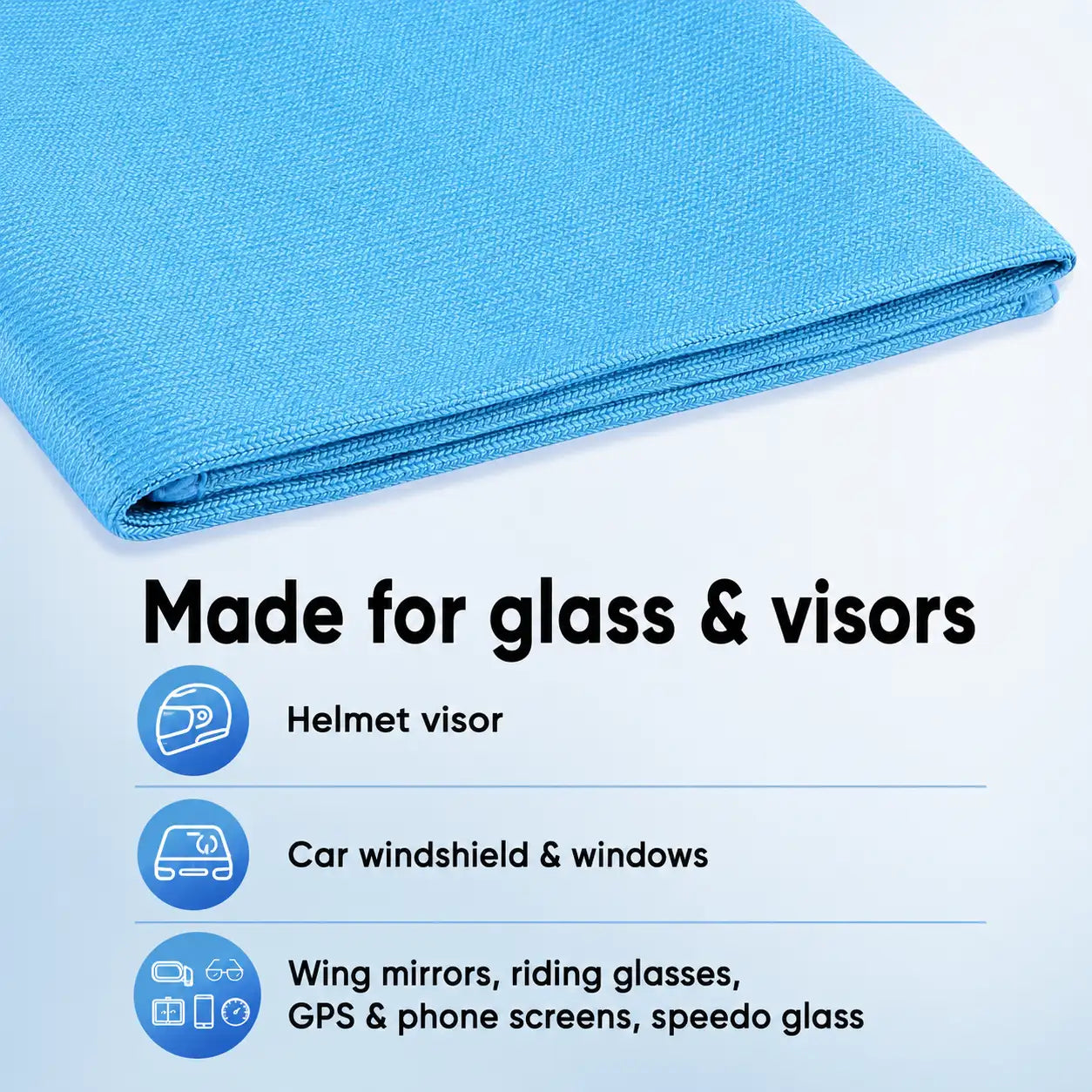 Blue microfiber glass cloth uses – helmet visor, car windshield, wing mirrors, glasses and screens – Motohomies