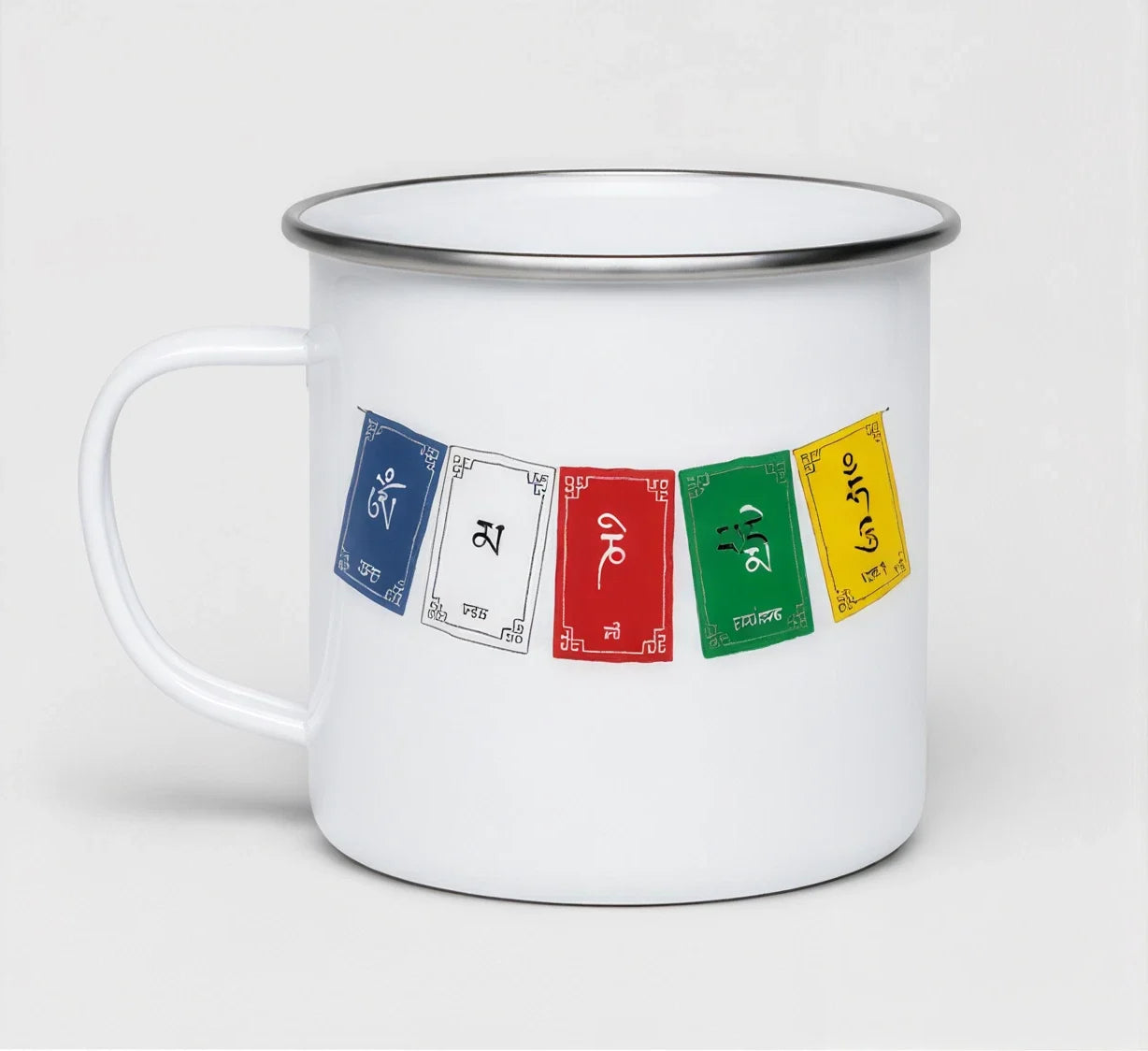 Om Mani Padme Hum enamel mug front view with Tibetan prayer flag print and stainless steel rim