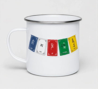 Om Mani Padme Hum enamel mug front view with Tibetan prayer flag print and stainless steel rim
