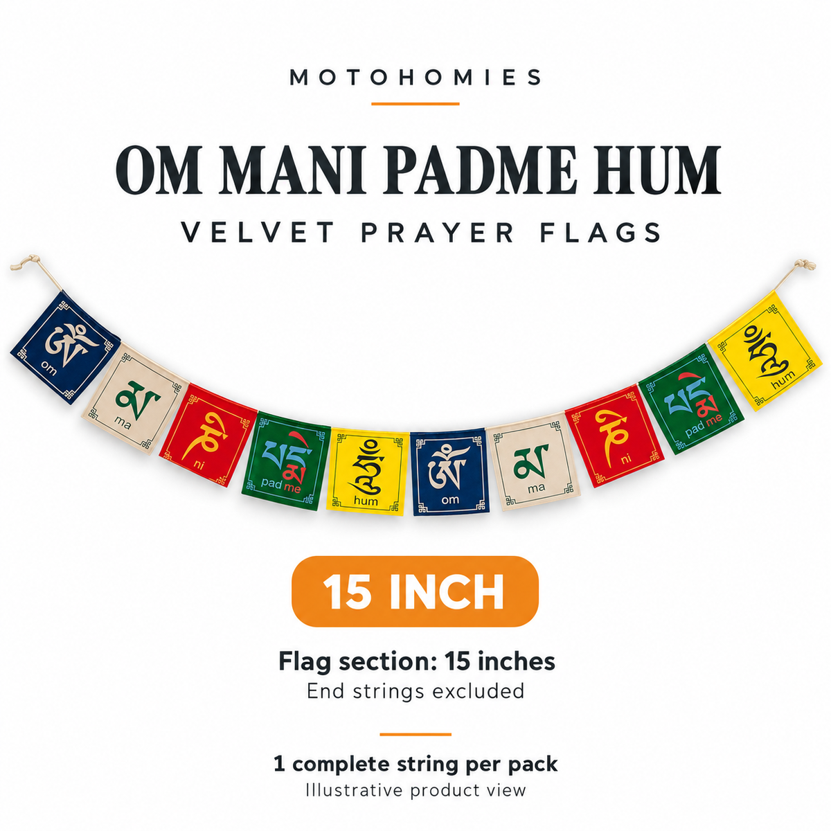 15-inch Om Mani Padme Hum velvet prayer flags, end strings excluded
