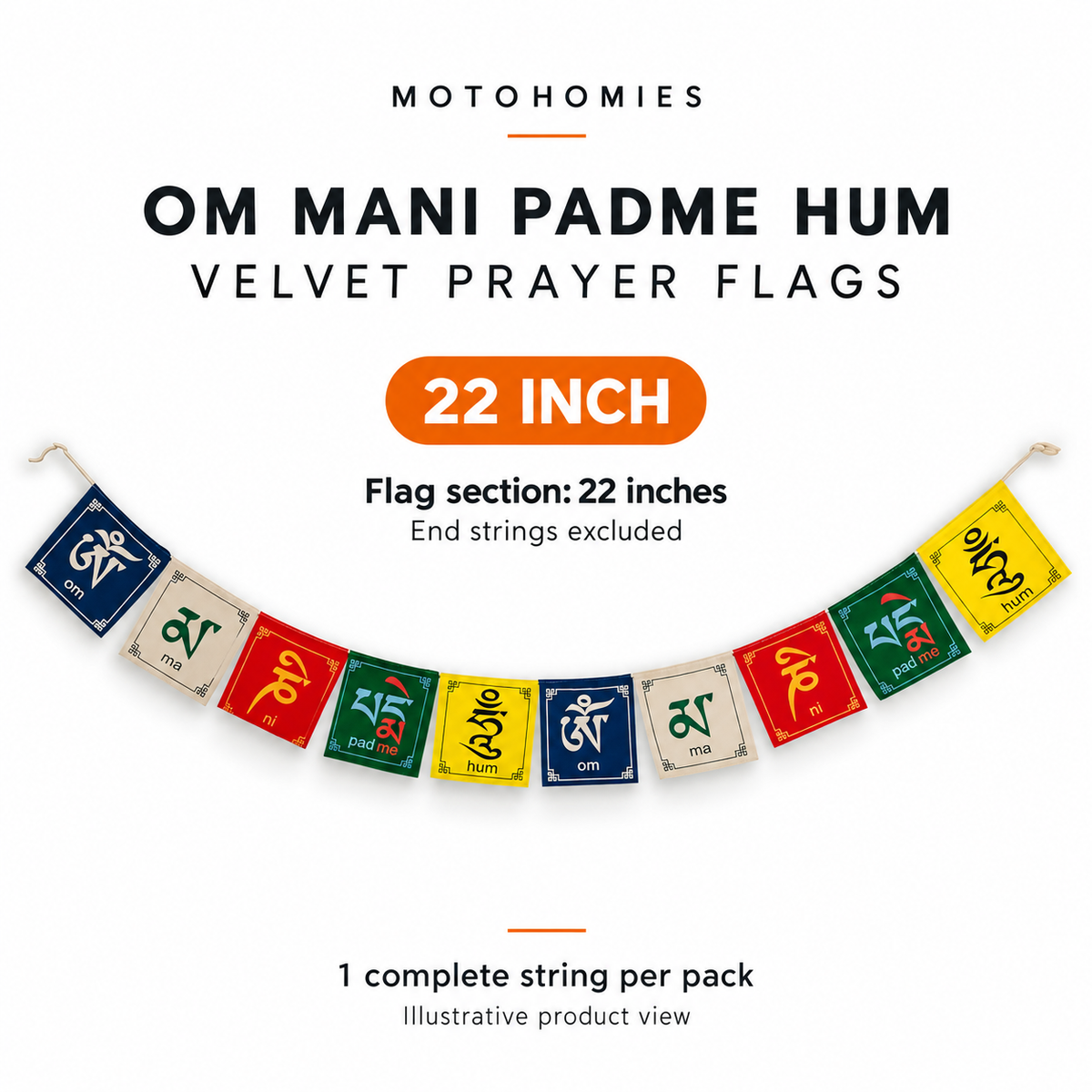 22-inch Om Mani Padme Hum velvet prayer flags, end strings excluded