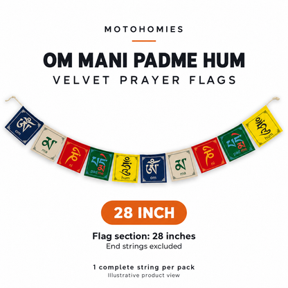 28-inch Om Mani Padme Hum velvet prayer flags, end strings excluded