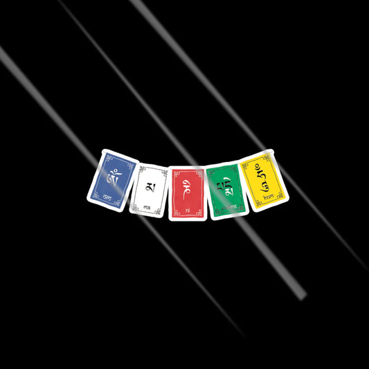 om mani padme hum prayer flags sticker with colorful tibetan design for travel and adventure riders