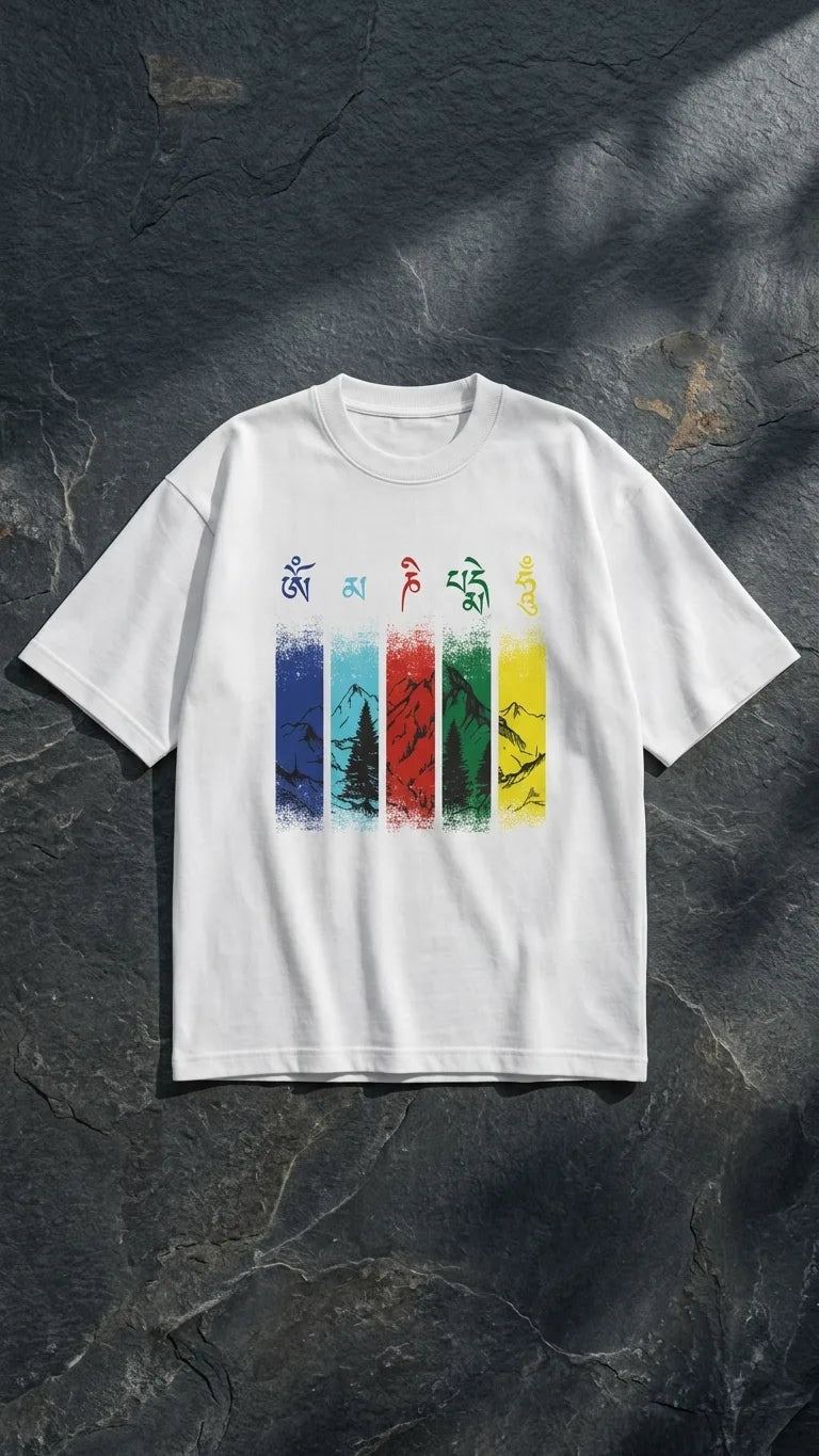 Om Mani Padme Hum white oversized t-shirt portrait shot showing Tibetan mantra design
