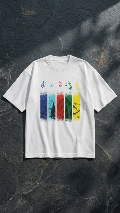Om Mani Padme Hum white oversized t-shirt portrait shot showing Tibetan mantra design