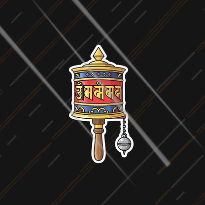 Om Mani prayer wheel illustrated Tibetan sticker 4 inch in matte vinyl with Devanagari mantra