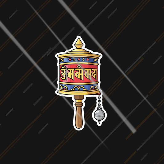 Om Mani prayer wheel illustrated Tibetan sticker 4 inch in matte vinyl with Devanagari mantra