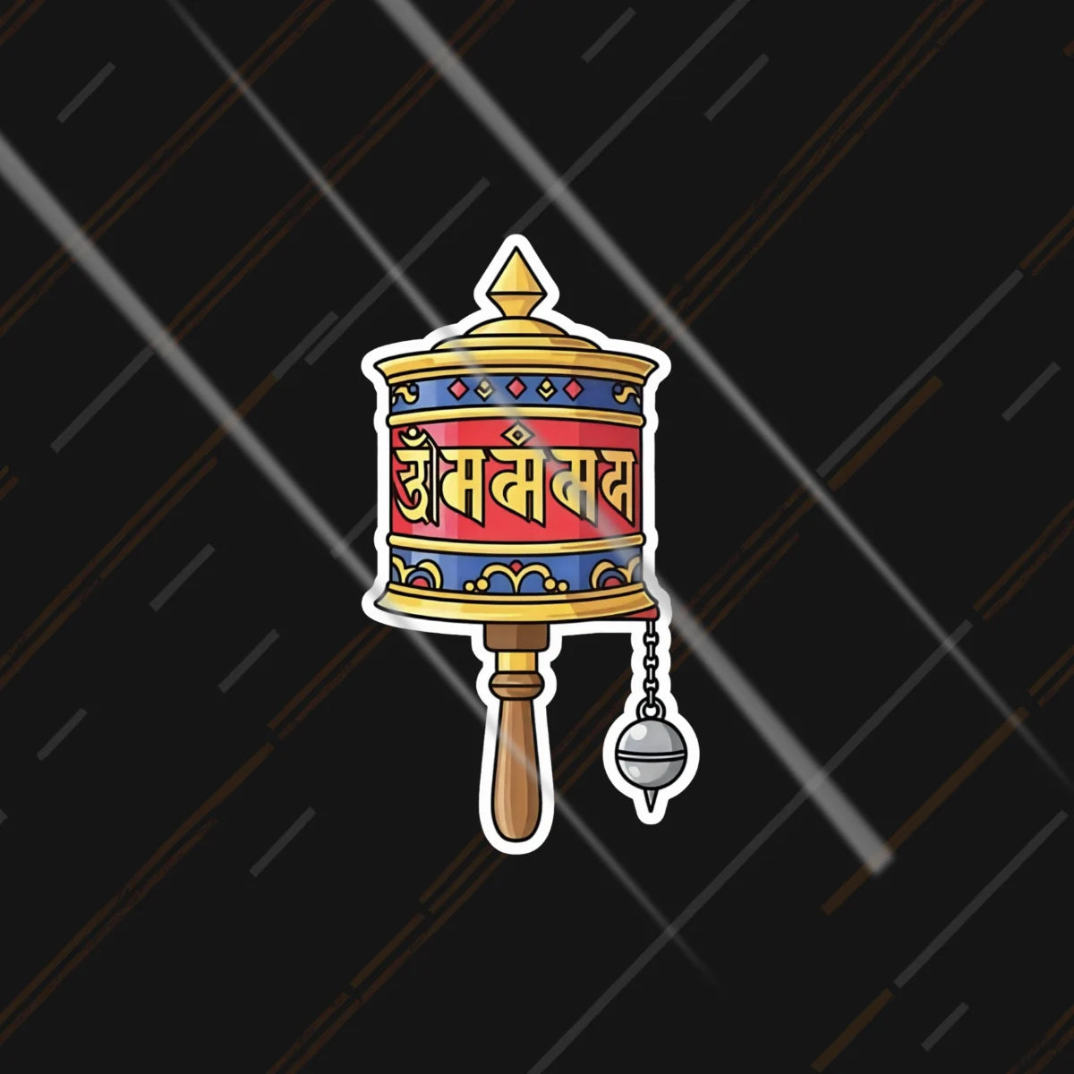 Om Mani prayer wheel illustrated reflective sticker 4 inch glowing under headlights at night