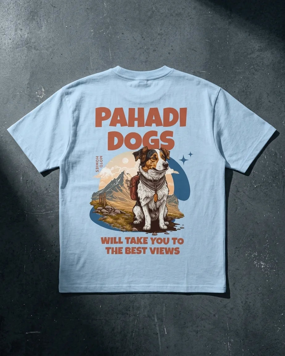 Pahadi Dogs blue oversized t-shirt back print with adventure pup and mountain graphic