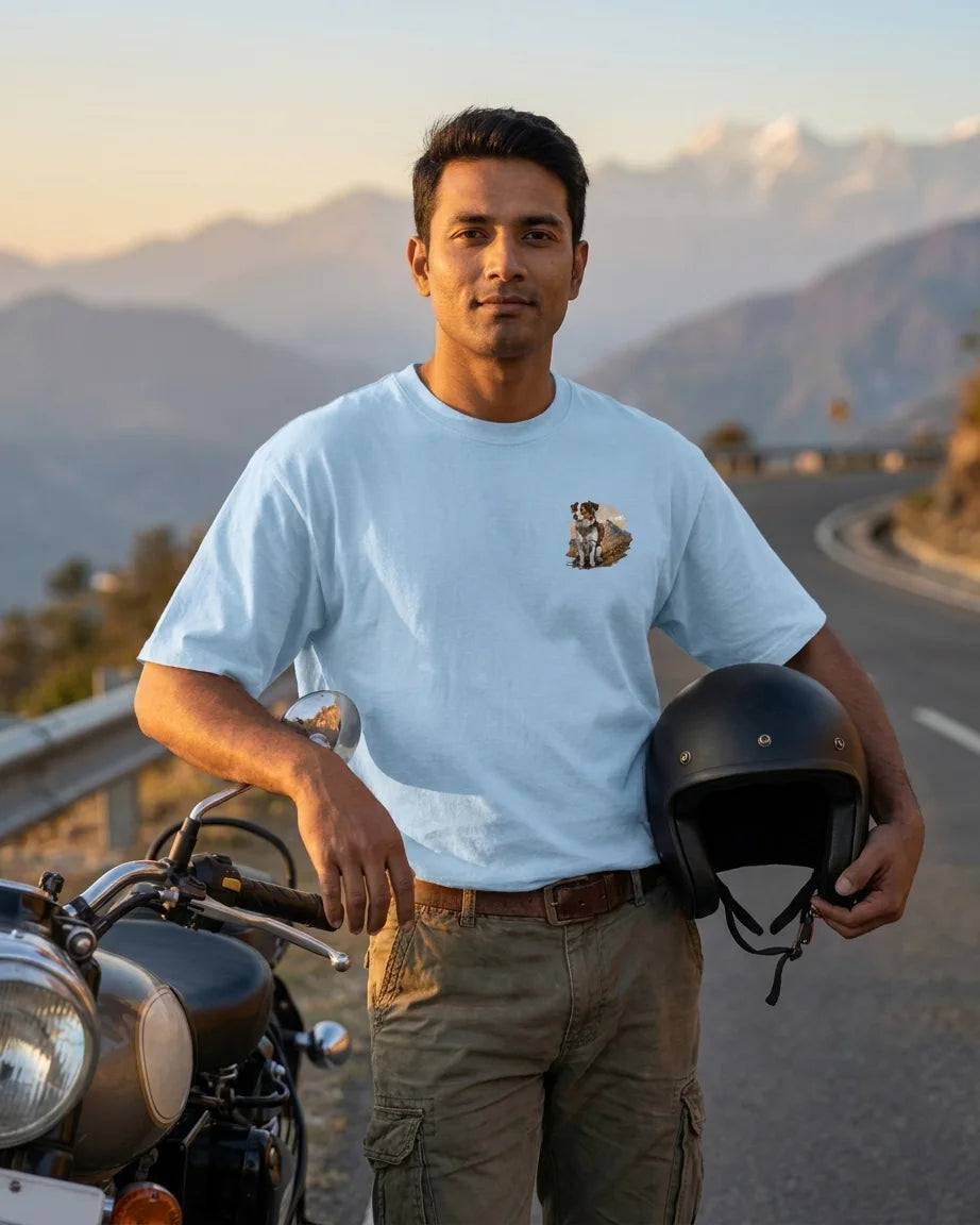 Pahadi Dogs blue oversized t-shirt front chest logo on rider with motorcycle and Himalayas
