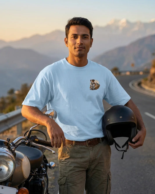 Pahadi Dogs blue oversized t-shirt front chest logo on rider with motorcycle and Himalayas