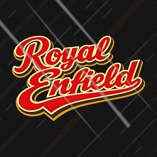 Retro script wordmark reflective sticker glowing under headlights on classic bike