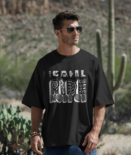 Ride Mode ON oversized t shirt model wearing black biker streetwear India relaxed fit