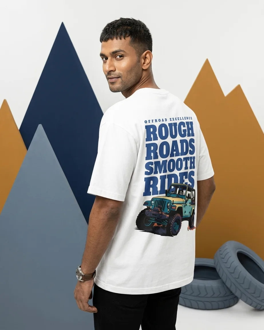Rough Roads Smooth Rides white oversized t-shirt back print with 4x4 Jeep graphic and offroad excellence text