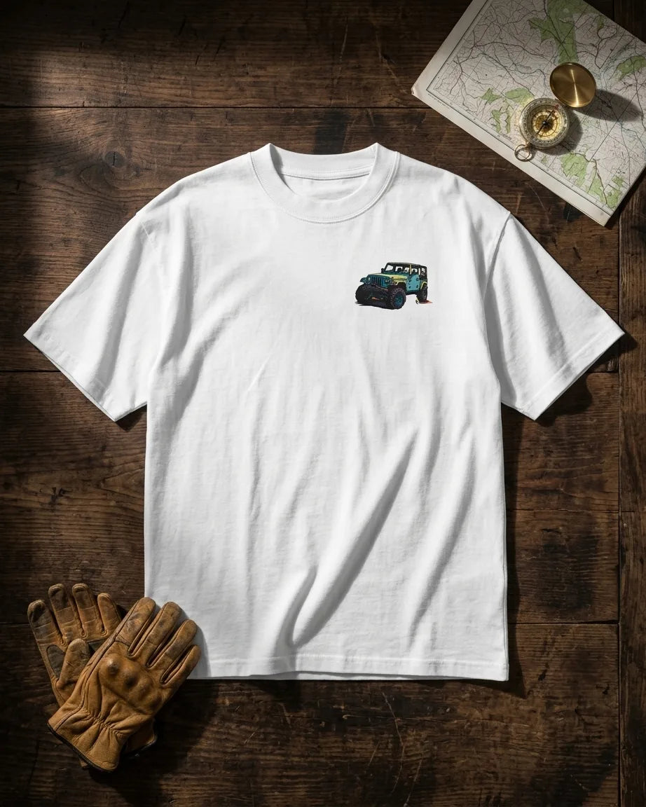 Rough Roads Smooth Rides white oversized t-shirt flat lay with riding gloves, brass compass and vintage map on wood