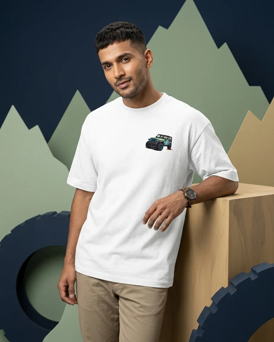Rough Roads Smooth Rides white oversized t-shirt with small Jeep chest logo on male model
