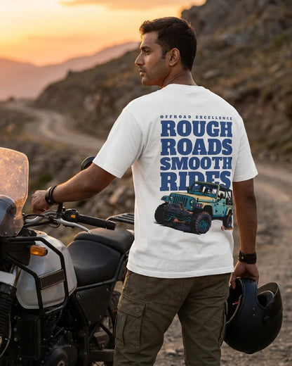 Rough Roads Smooth Rides white oversized t-shirt back design on rider with motorcycle at sunset