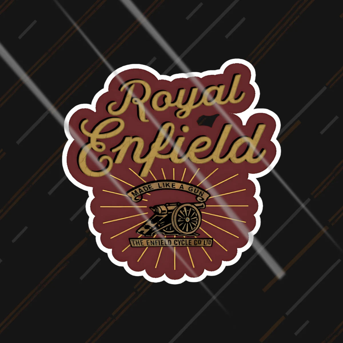 Royal Enfield vintage medallion reflective sticker 3 inch glowing under headlights at night